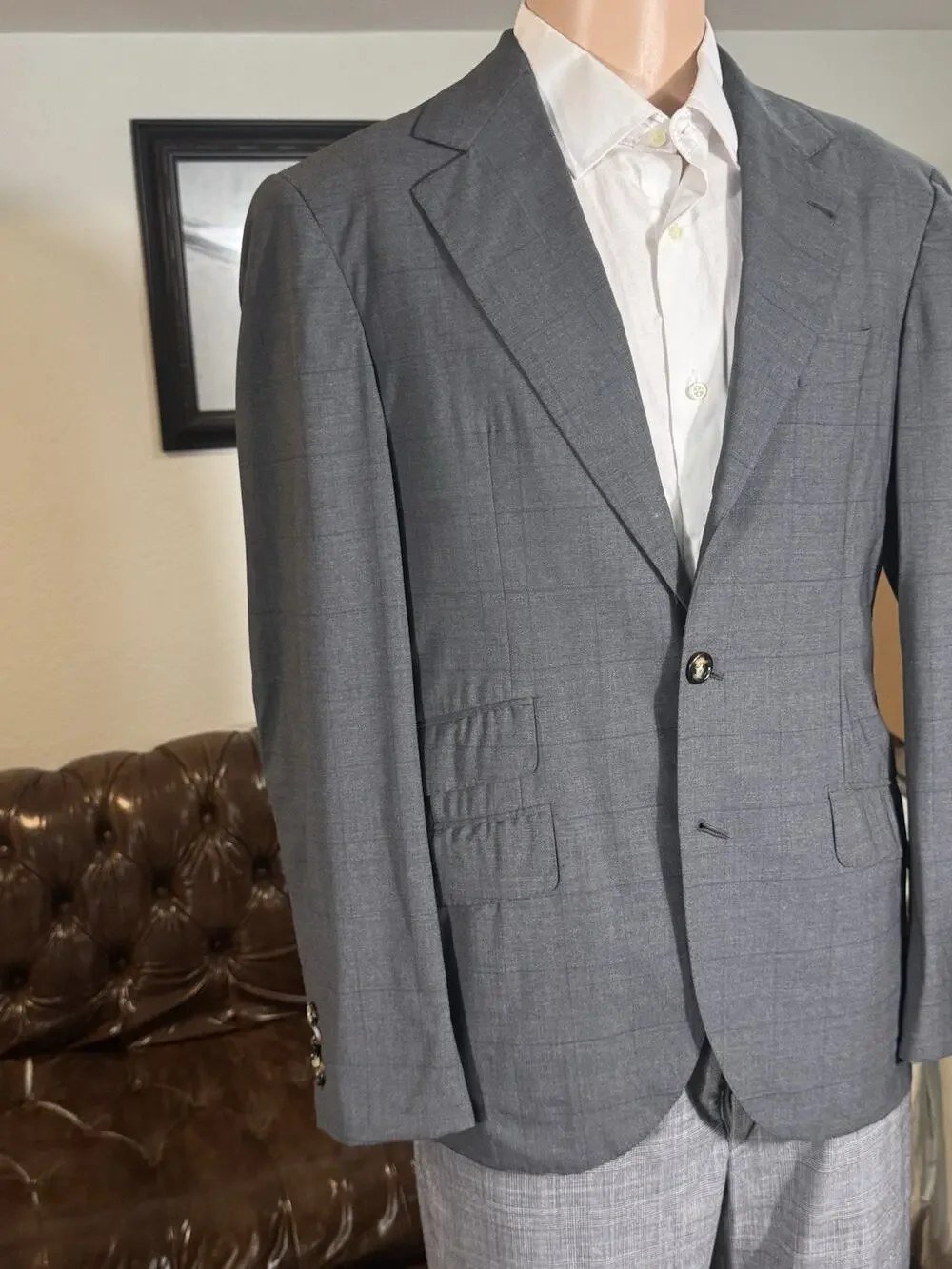 Brunello Cucinelli Charcoal Windowpane Virgin Wool Deconstructed Blazer 50 40R